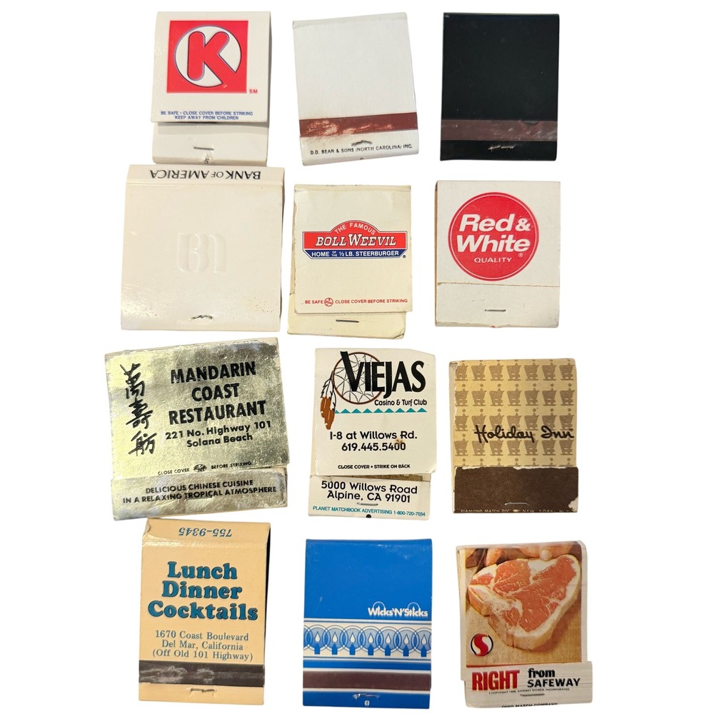 Vintage Matchbook Lot 12pc Advertising Circle‎ K Holiday Inn Safeway Viejas CA